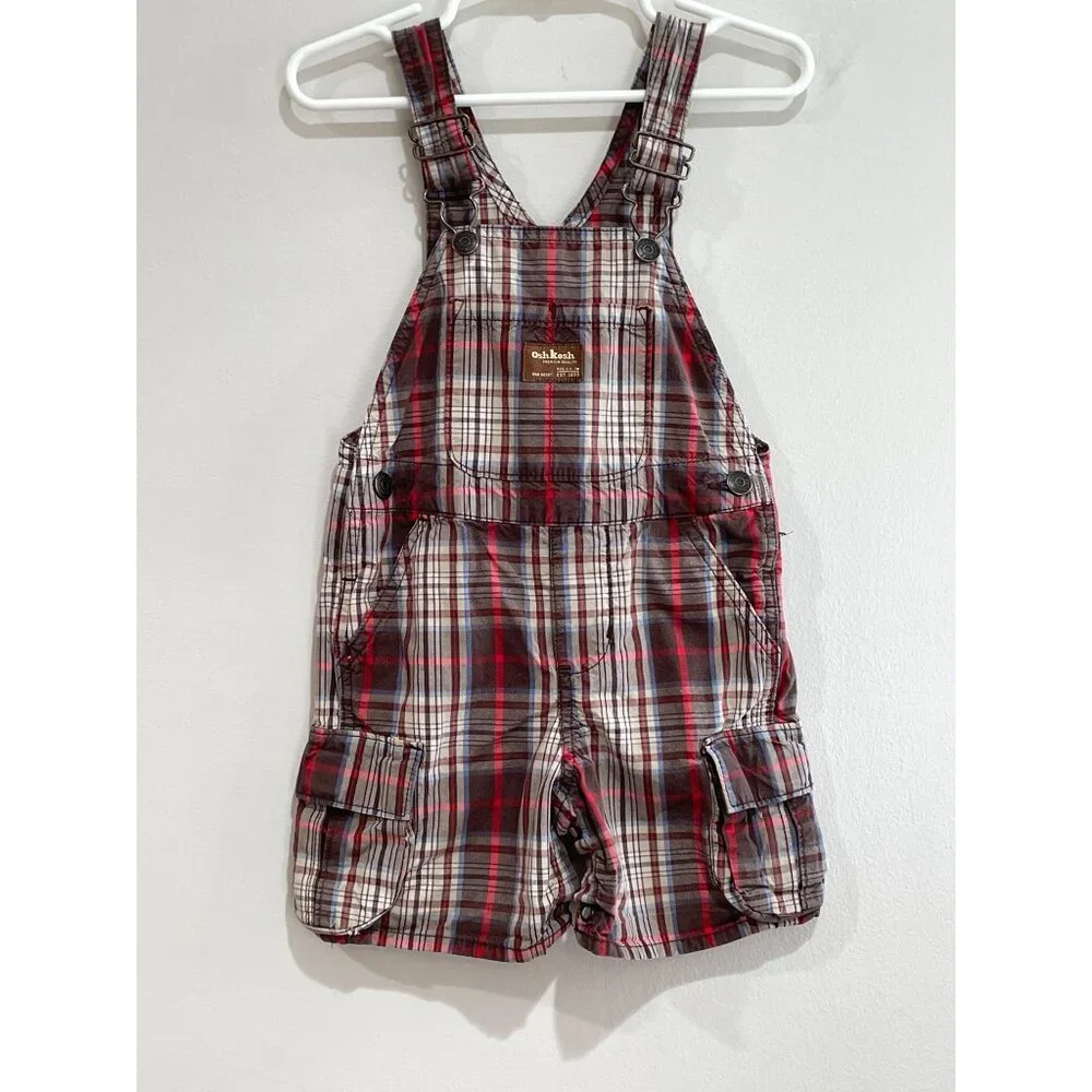OshKosh B'gosh Plaid Vestbak Bib Overall Shorts Baby 18Mos Brown